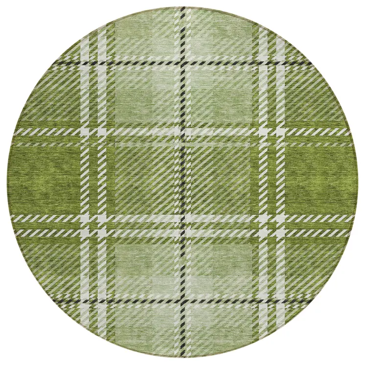 8' Green Black And Ivory Round Plaid Washable Indoor Outdoor Area Rug
