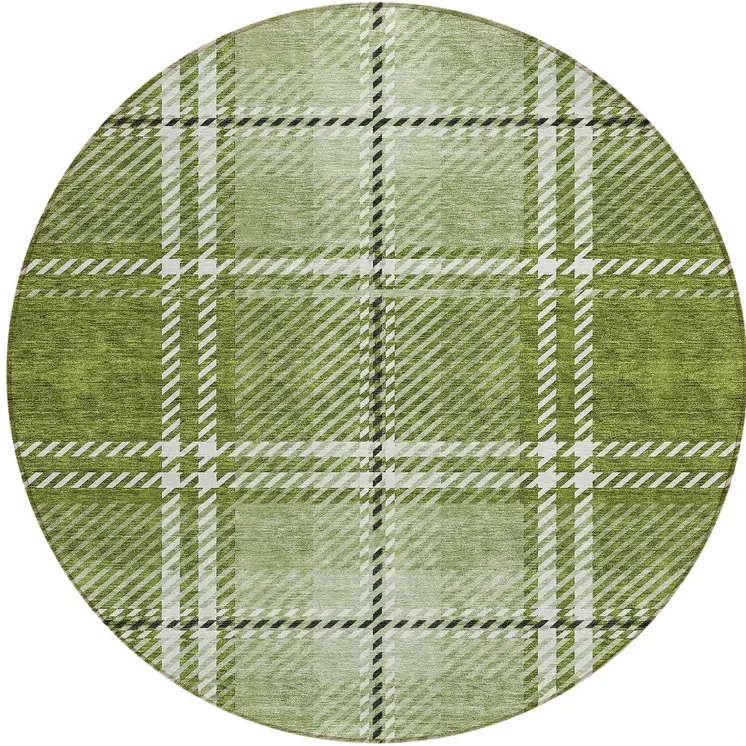 8' Green Black And Ivory Round Plaid Washable Indoor Outdoor Area Rug