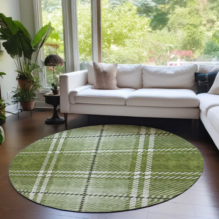 8' Green Black And Ivory Round Plaid Washable Indoor Outdoor Area Rug