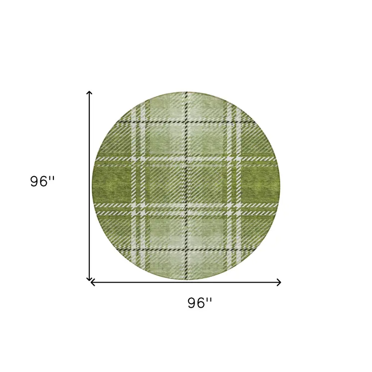 8' Green Black And Ivory Round Plaid Washable Indoor Outdoor Area Rug