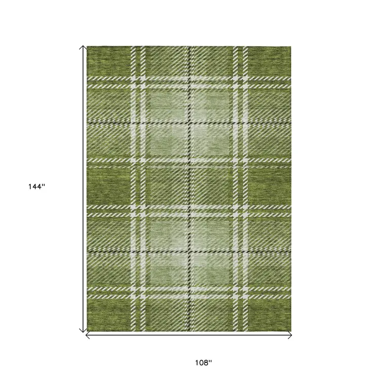 9' X 12' Green Black And Ivory Plaid Washable Indoor Outdoor Area Rug