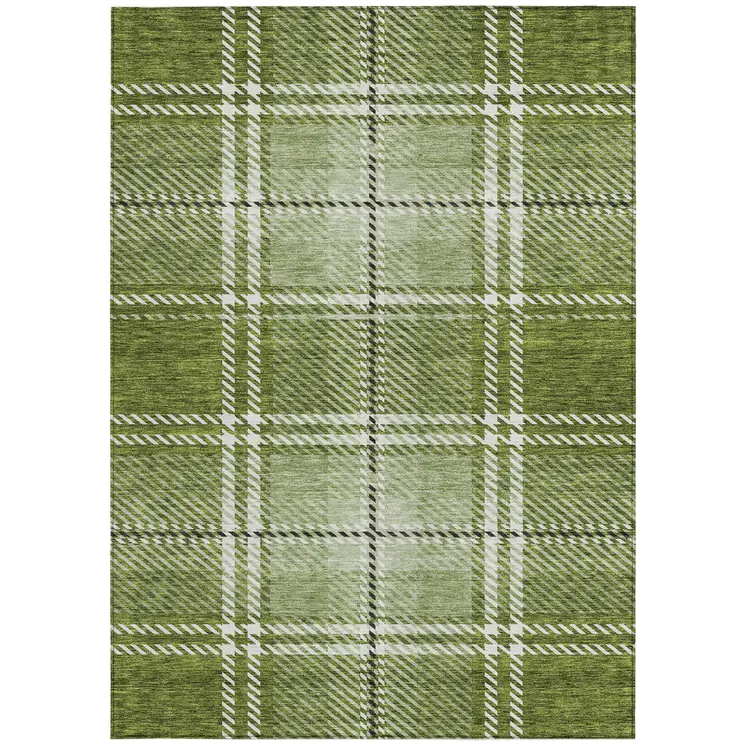 9' X 12' Green Black And Ivory Plaid Washable Indoor Outdoor Area Rug