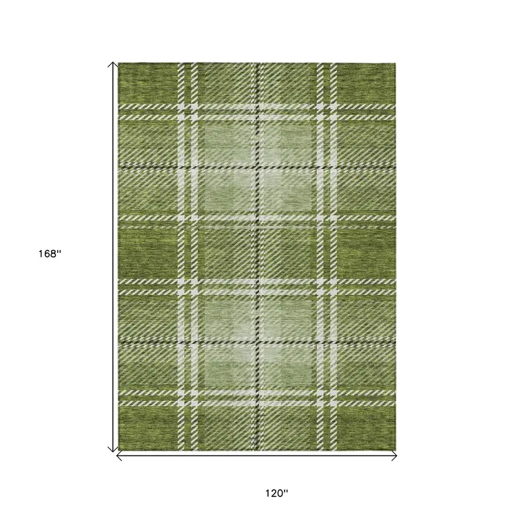 10' X 14' Green Black And Ivory Plaid Washable Indoor Outdoor Area Rug