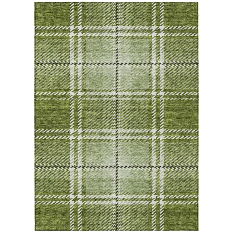 10' X 14' Green Black And Ivory Plaid Washable Indoor Outdoor Area Rug