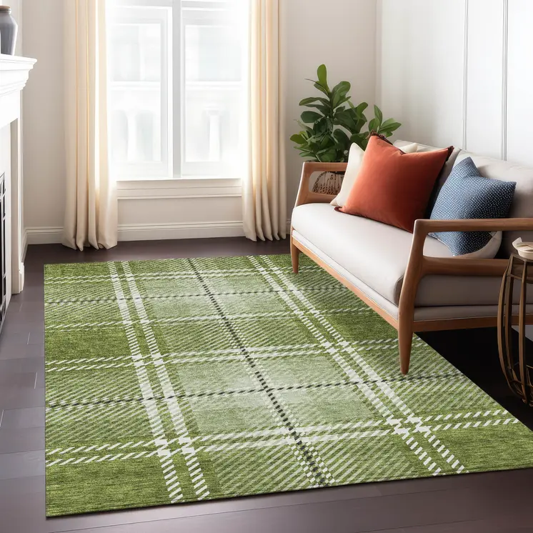 10' X 14' Green Black And Ivory Plaid Washable Indoor Outdoor Area Rug