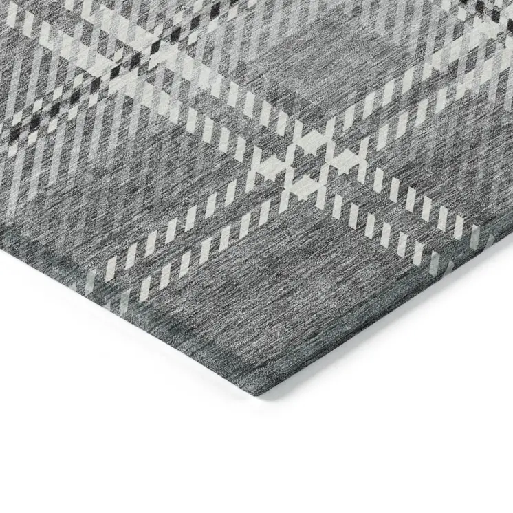 3' X 5' Gray Black And Ivory Plaid Washable Indoor Outdoor Area Rug
