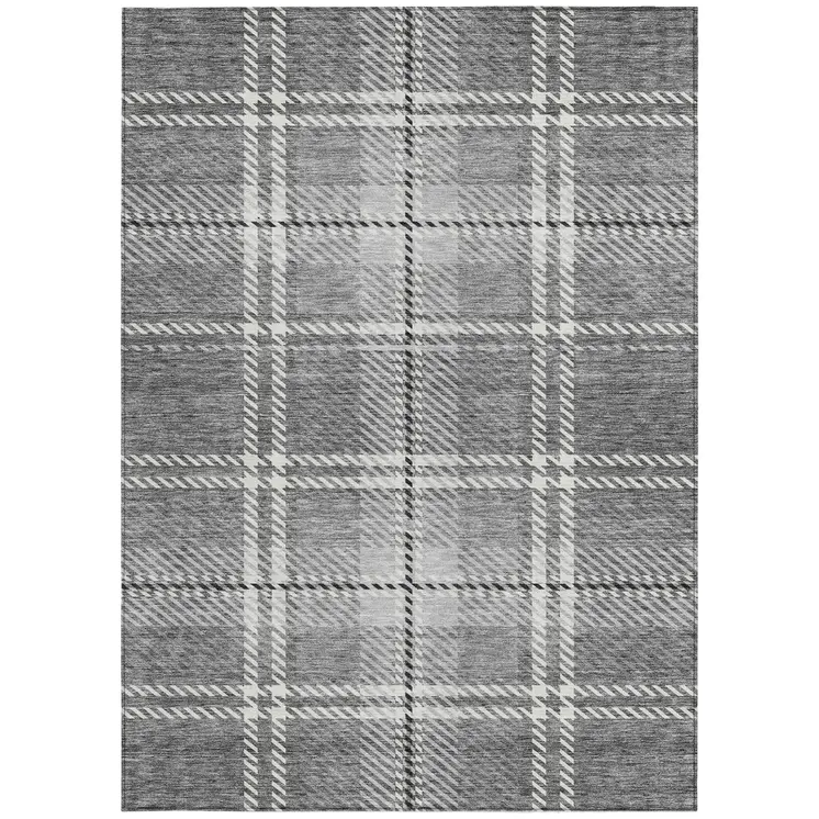 5' X 8' Gray Black And Ivory Plaid Washable Indoor Outdoor Area Rug