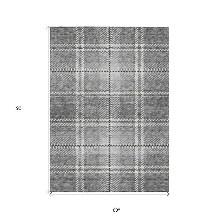 5' X 8' Gray Black And Ivory Plaid Washable Indoor Outdoor Area Rug