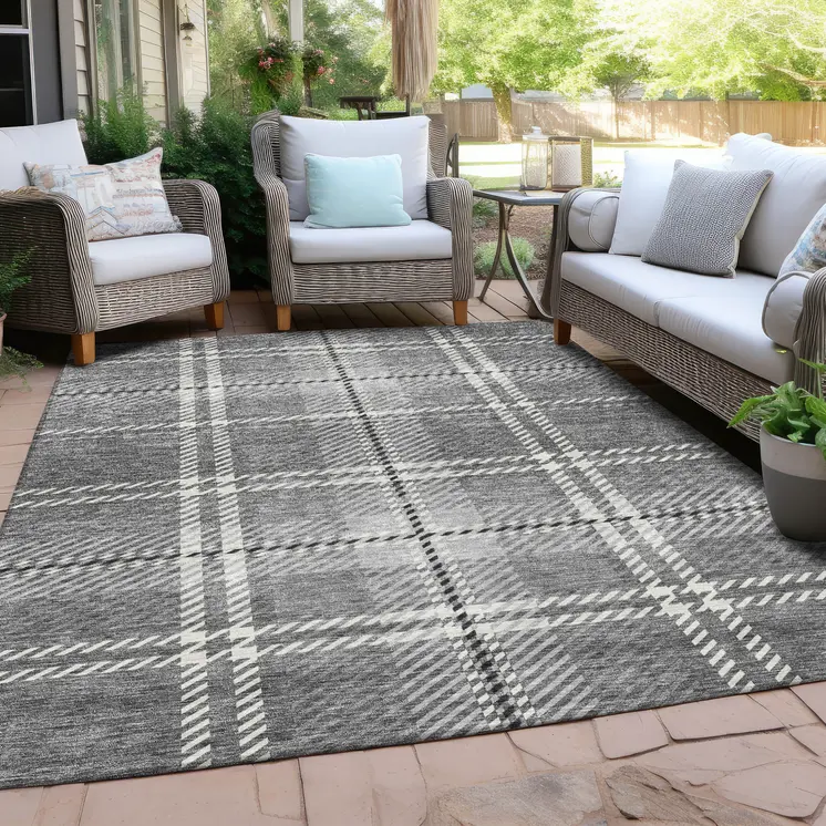 5' X 8' Gray Black And Ivory Plaid Washable Indoor Outdoor Area Rug