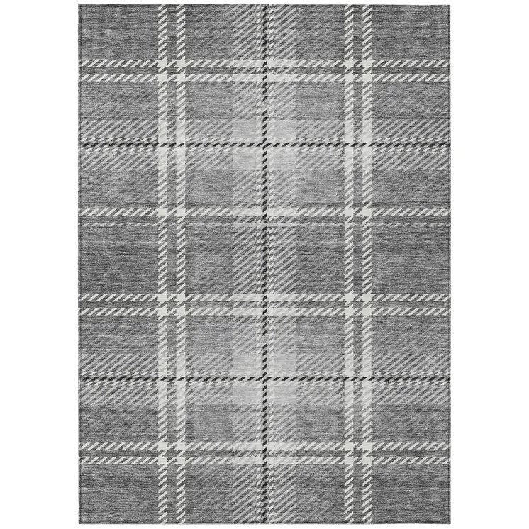 5' X 8' Gray Black And Ivory Plaid Washable Indoor Outdoor Area Rug