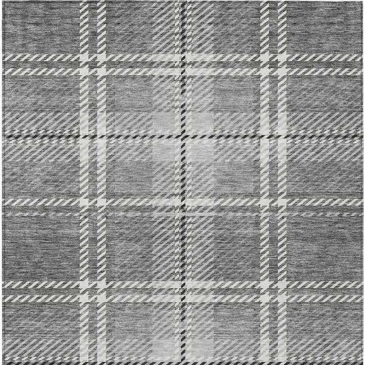 5' X 8' Gray Black And Ivory Plaid Washable Indoor Outdoor Area Rug