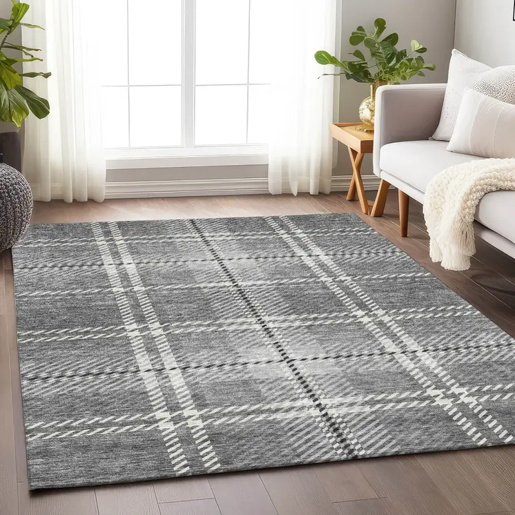 5' X 8' Gray Black And Ivory Plaid Washable Indoor Outdoor Area Rug