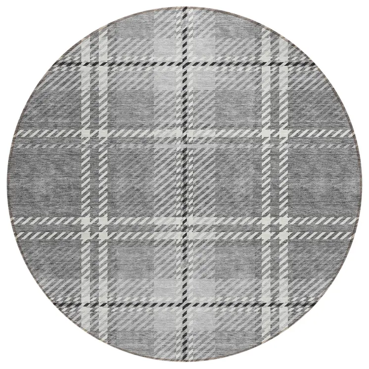 8' Gray Black And Ivory Round Plaid Washable Indoor Outdoor Area Rug