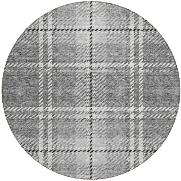 8' Gray Black And Ivory Round Plaid Washable Indoor Outdoor Area Rug