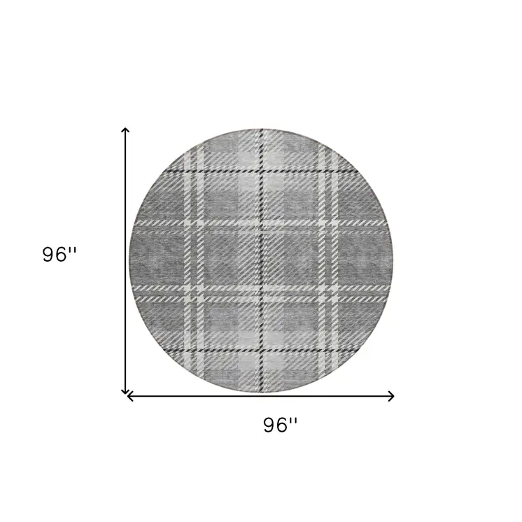 8' Gray Black And Ivory Round Plaid Washable Indoor Outdoor Area Rug