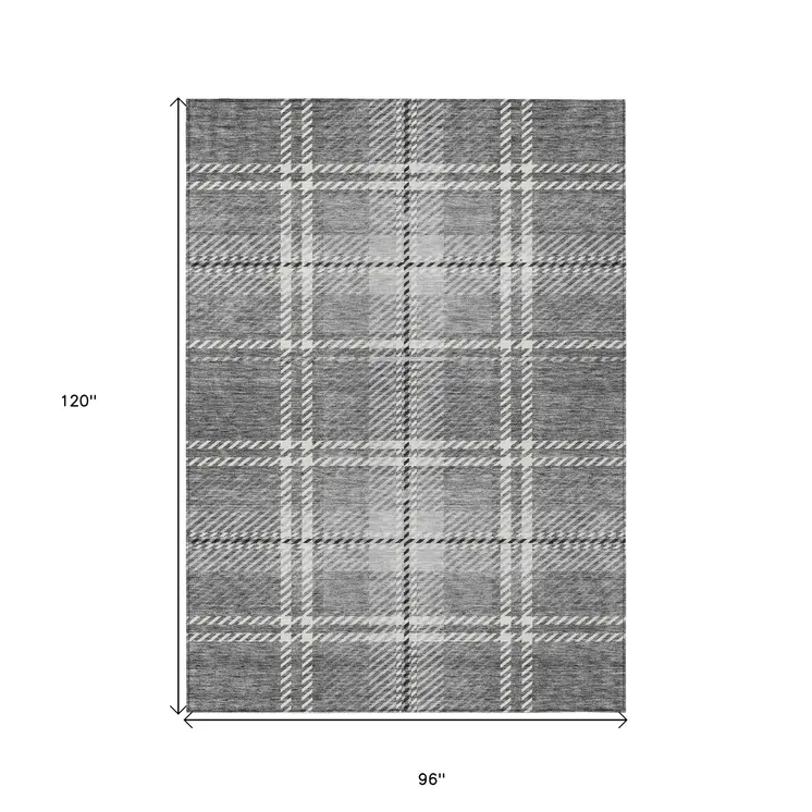 8' X 10' Gray Black And Ivory Plaid Washable Indoor Outdoor Area Rug