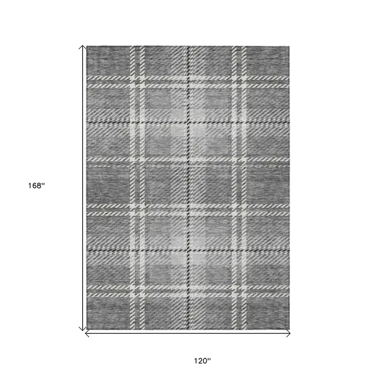 10' X 14' Gray Black And Ivory Plaid Washable Indoor Outdoor Area Rug