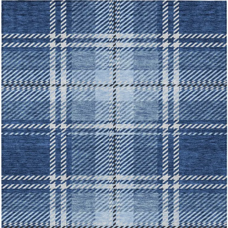 5' X 8' Navy Blue Black And Ivory Plaid Washable Indoor Outdoor Area Rug