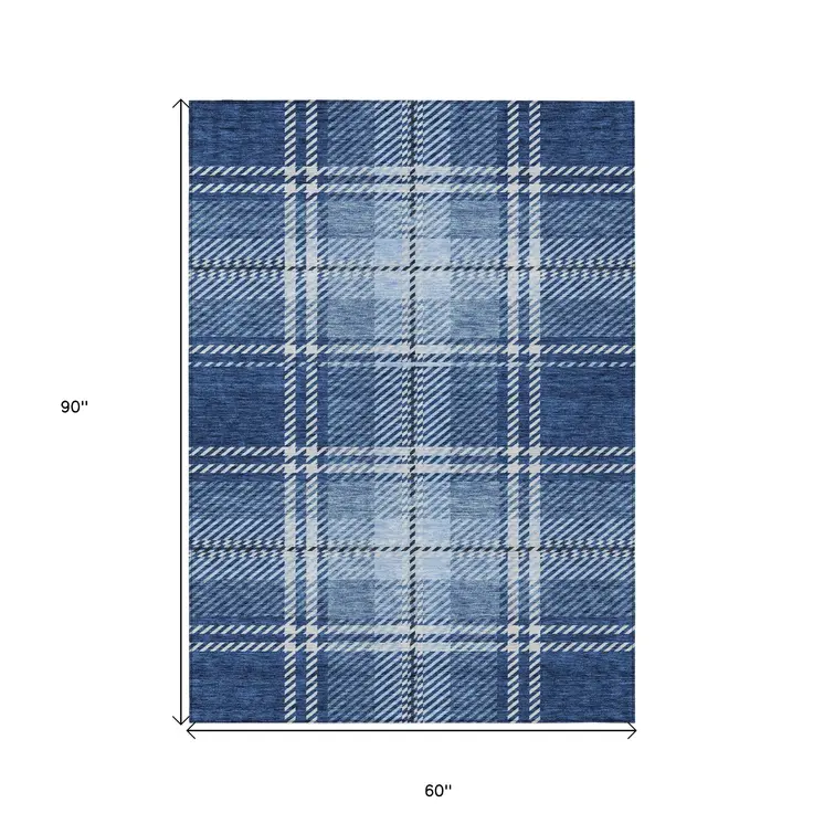 5' X 8' Navy Blue Black And Ivory Plaid Washable Indoor Outdoor Area Rug