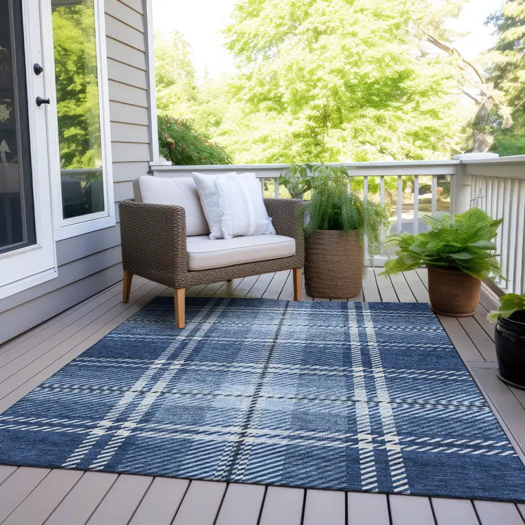 5' X 8' Navy Blue Black And Ivory Plaid Washable Indoor Outdoor Area Rug