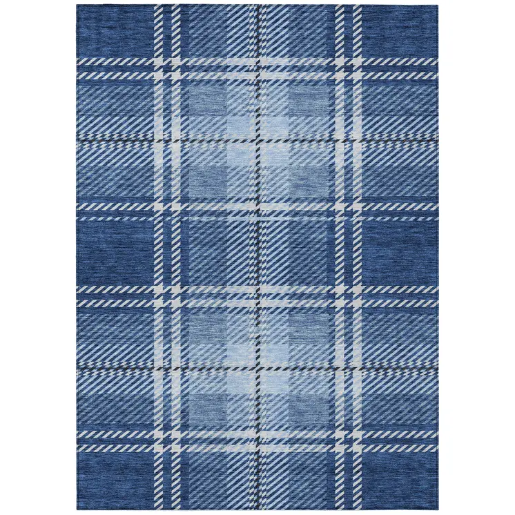 5' X 8' Navy Blue Black And Ivory Plaid Washable Indoor Outdoor Area Rug