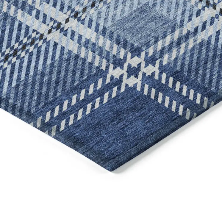 5' X 8' Navy Blue Black And Ivory Plaid Washable Indoor Outdoor Area Rug