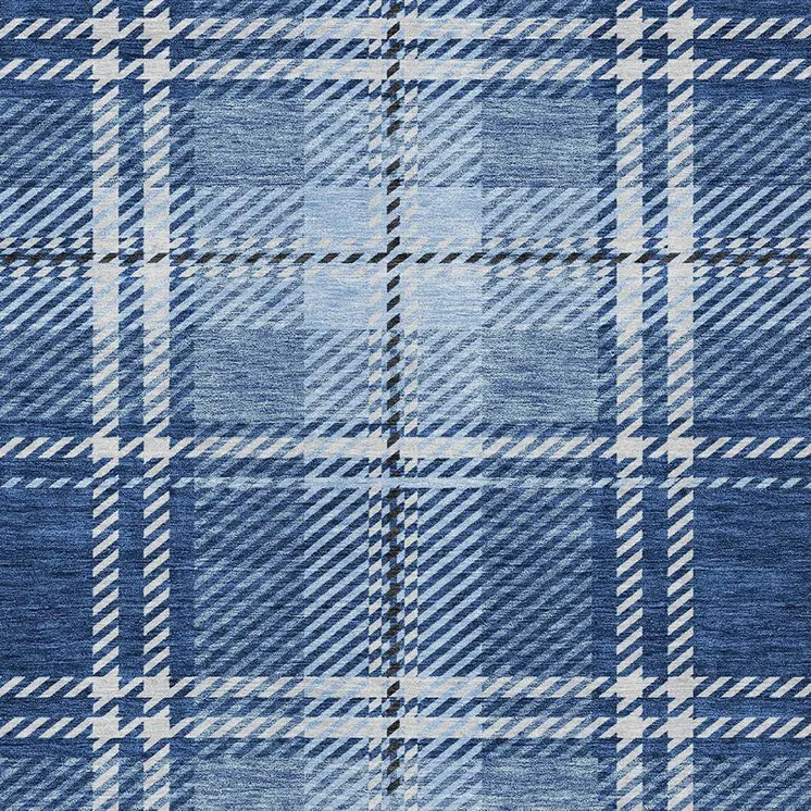 5' X 8' Navy Blue Black And Ivory Plaid Washable Indoor Outdoor Area Rug