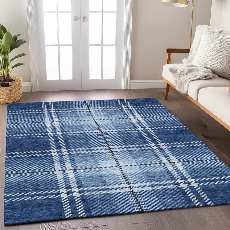 5' X 8' Navy Blue Black And Ivory Plaid Washable Indoor Outdoor Area Rug