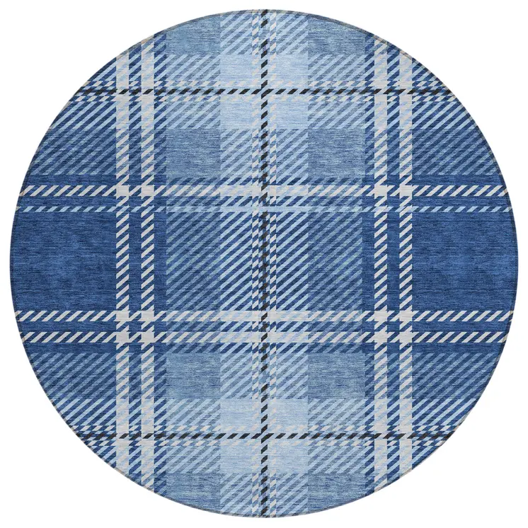 8' Navy Blue Black And Ivory Round Plaid Washable Indoor Outdoor Area Rug
