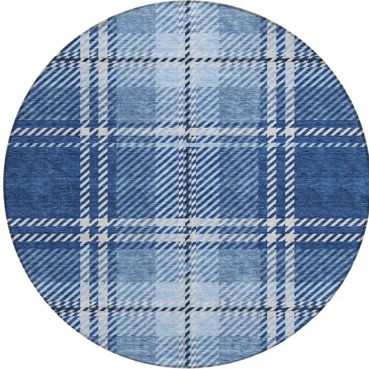 8' Navy Blue Black And Ivory Round Plaid Washable Indoor Outdoor Area Rug