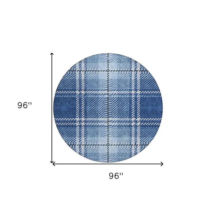 8' Navy Blue Black And Ivory Round Plaid Washable Indoor Outdoor Area Rug