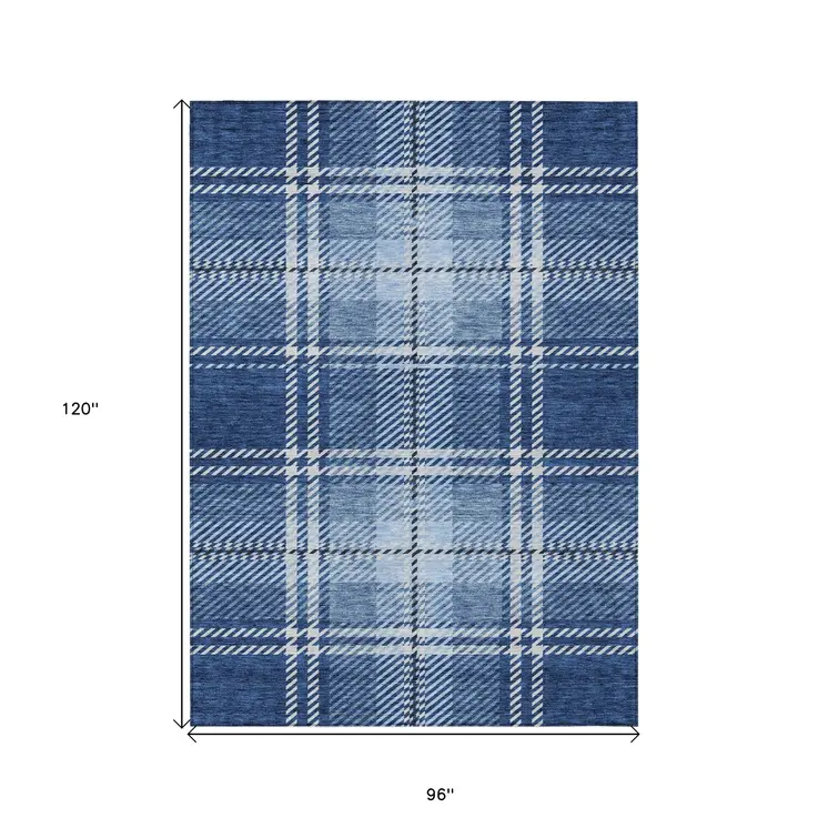 8' X 10' Navy Blue Black And Ivory Plaid Washable Indoor Outdoor Area Rug