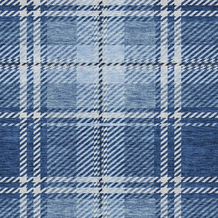 8' X 10' Navy Blue Black And Ivory Plaid Washable Indoor Outdoor Area Rug