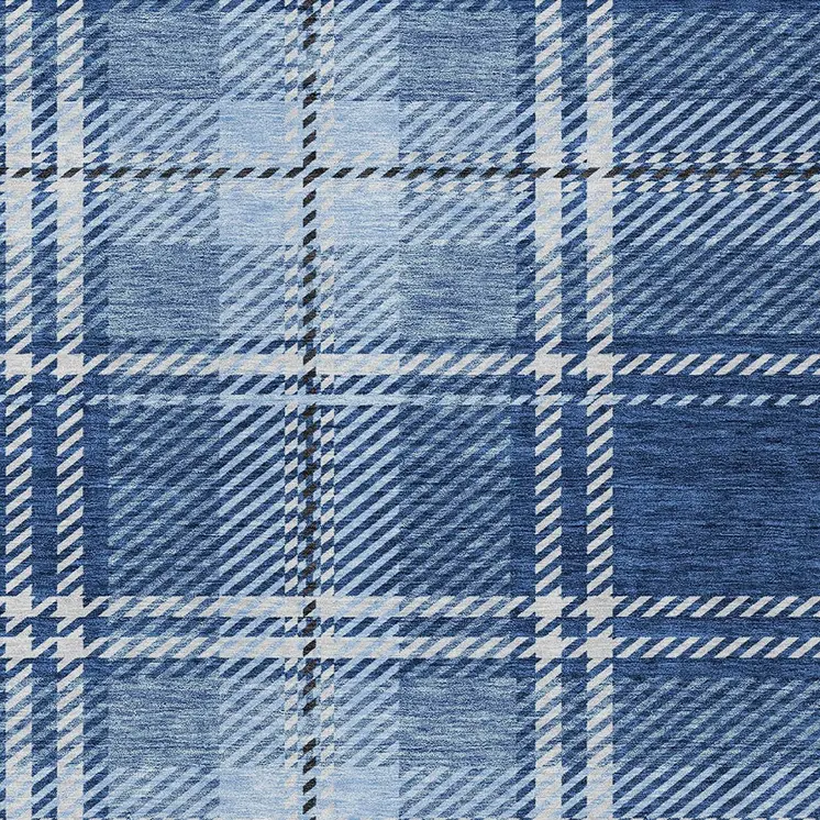 9' X 12' Navy Blue Black And Ivory Plaid Washable Indoor Outdoor Area Rug