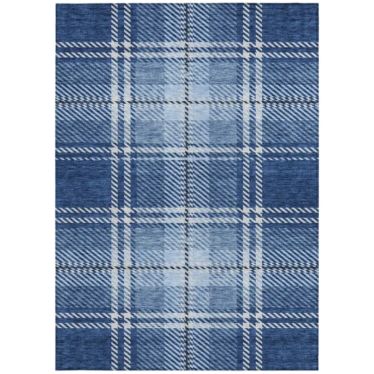 10' X 14' Navy Blue Black And Ivory Plaid Washable Indoor Outdoor Area Rug