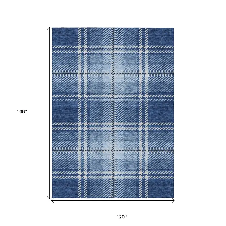 10' X 14' Navy Blue Black And Ivory Plaid Washable Indoor Outdoor Area Rug
