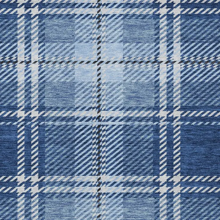 10' X 14' Navy Blue Black And Ivory Plaid Washable Indoor Outdoor Area Rug