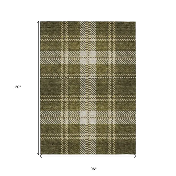 8' X 10' Olive Green Gold And Brown Plaid Washable Indoor Outdoor Area Rug