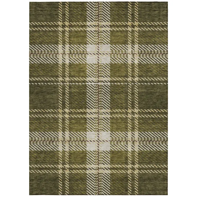 9' X 12' Olive Green Gold And Brown Plaid Washable Indoor Outdoor Area Rug
