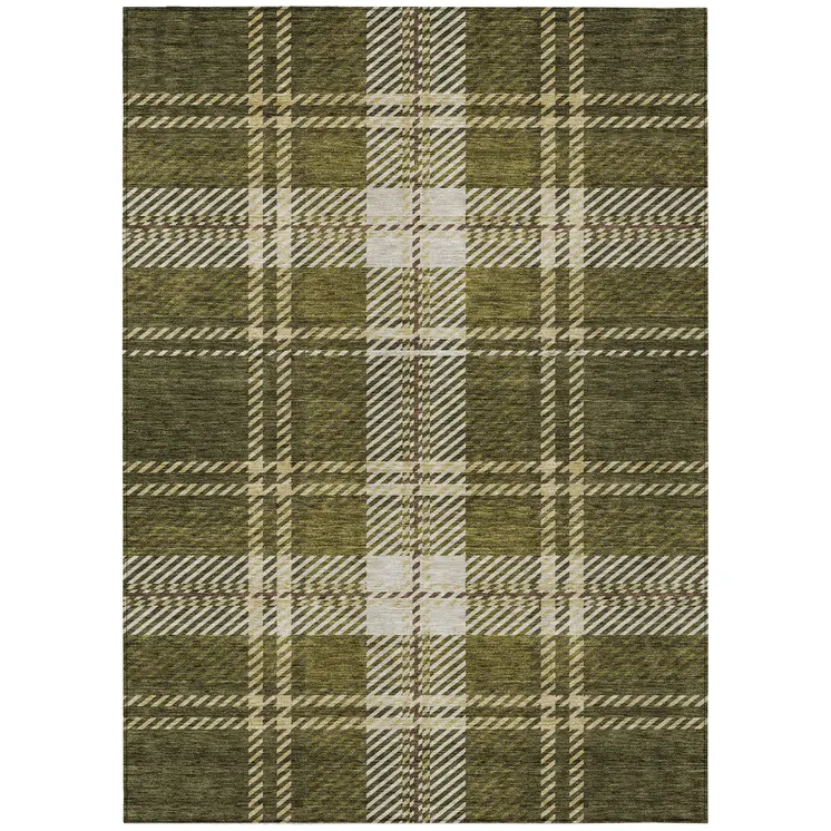 9' X 12' Olive Green Gold And Brown Plaid Washable Indoor Outdoor Area Rug