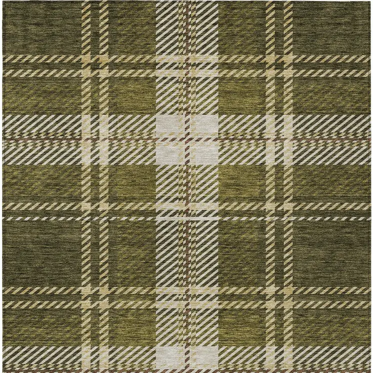 9' X 12' Olive Green Gold And Brown Plaid Washable Indoor Outdoor Area Rug