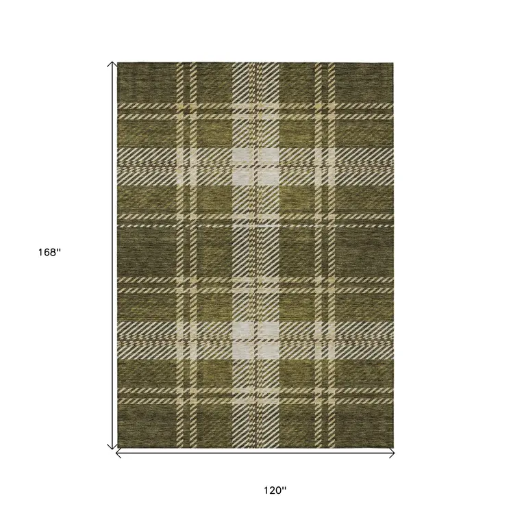 10' X 14' Olive Green Gold And Brown Plaid Washable Indoor Outdoor Area Rug