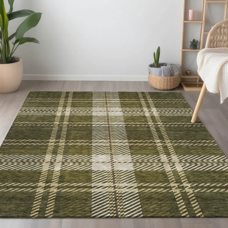 10' X 14' Olive Green Gold And Brown Plaid Washable Indoor Outdoor Area Rug