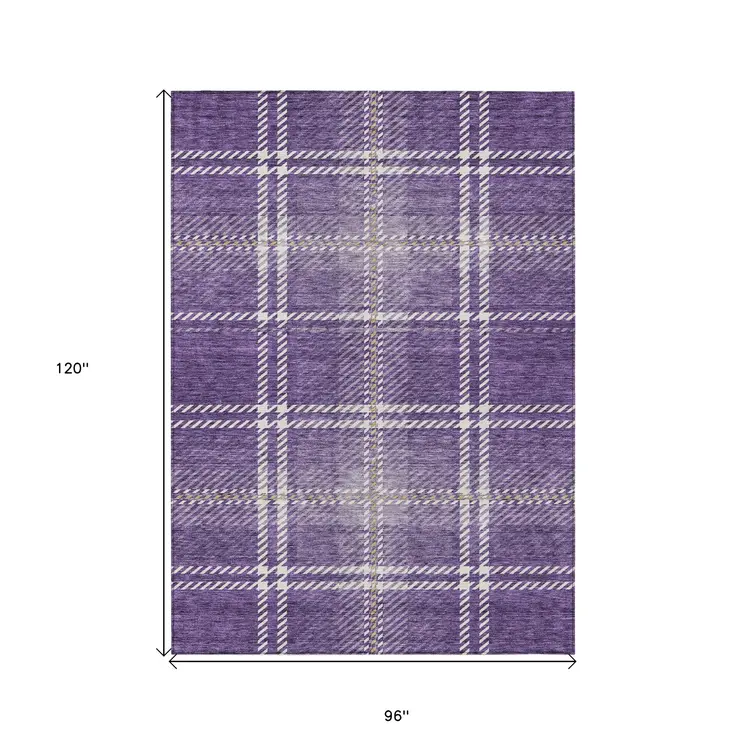 8' X 10' Purple Gold And Ivory Plaid Washable Indoor Outdoor Area Rug