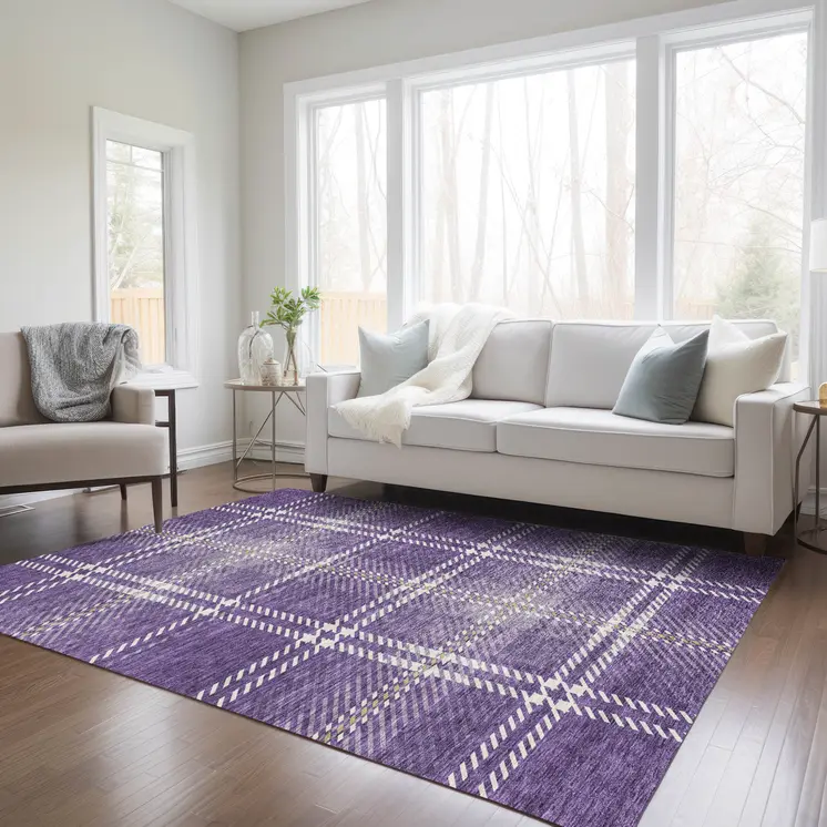 8' X 10' Purple Gold And Ivory Plaid Washable Indoor Outdoor Area Rug
