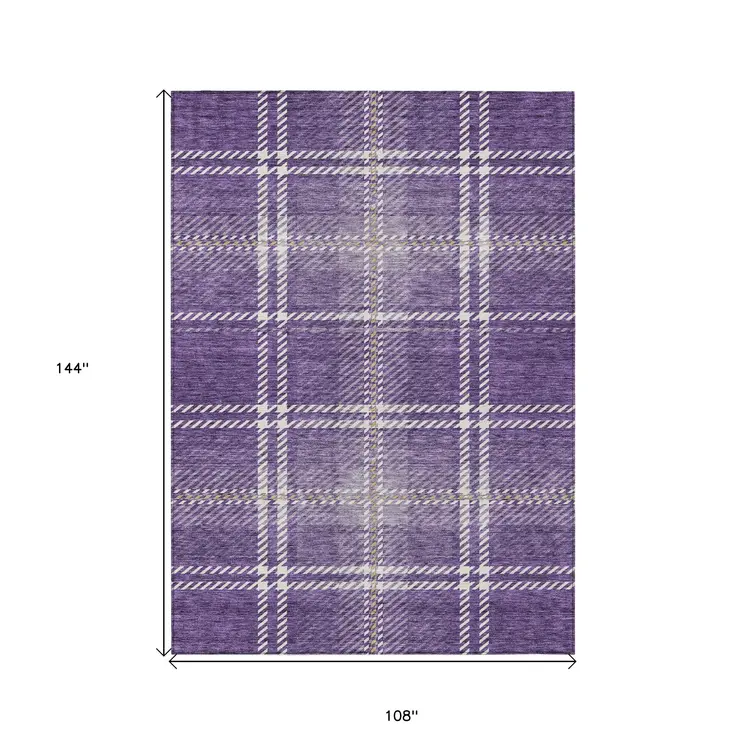 9' X 12' Purple Gold And Ivory Plaid Washable Indoor Outdoor Area Rug