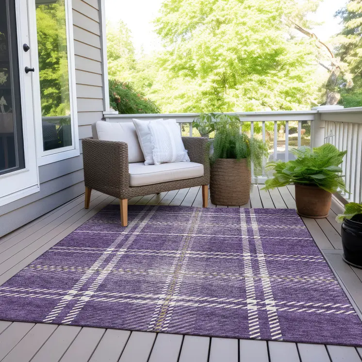 9' X 12' Purple Gold And Ivory Plaid Washable Indoor Outdoor Area Rug