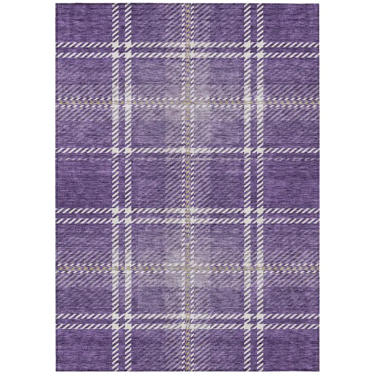 9' X 12' Purple Gold And Ivory Plaid Washable Indoor Outdoor Area Rug