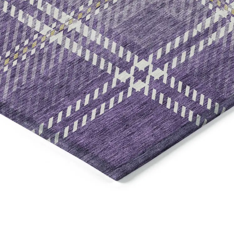 9' X 12' Purple Gold And Ivory Plaid Washable Indoor Outdoor Area Rug