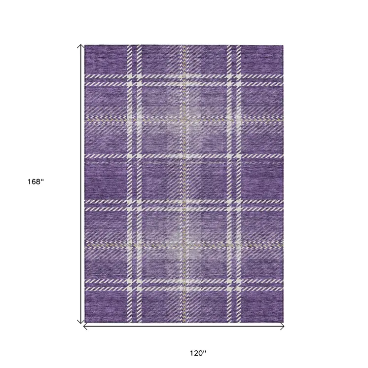 10' X 14' Purple Gold And Ivory Plaid Washable Indoor Outdoor Area Rug